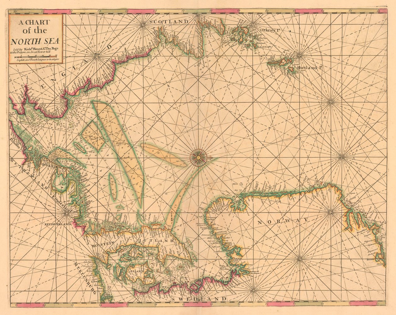 Sjökort över Nordsjön: Norge till Doversundet, ca 1700 (kolorerad gravyr) av British School