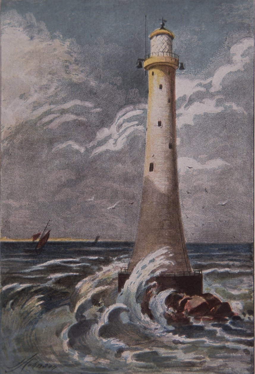 Eddystone Lighthouse, utanför Plymouth, sent 1800-tal (färg litho) av British School