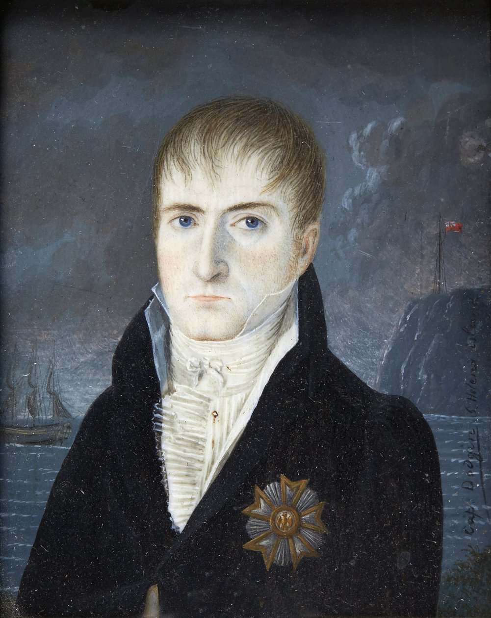Kejsare på ön Sainte-Helene - Porträtt av kejsar Napoleon 1:a barhuvad, i svart rock, klädd i den stora örnplaketten av hederslegionens orden - Porträtt av Napoleon Bonaparte på ön Saint Helena av kapten Dodgin (aktiv av British School
