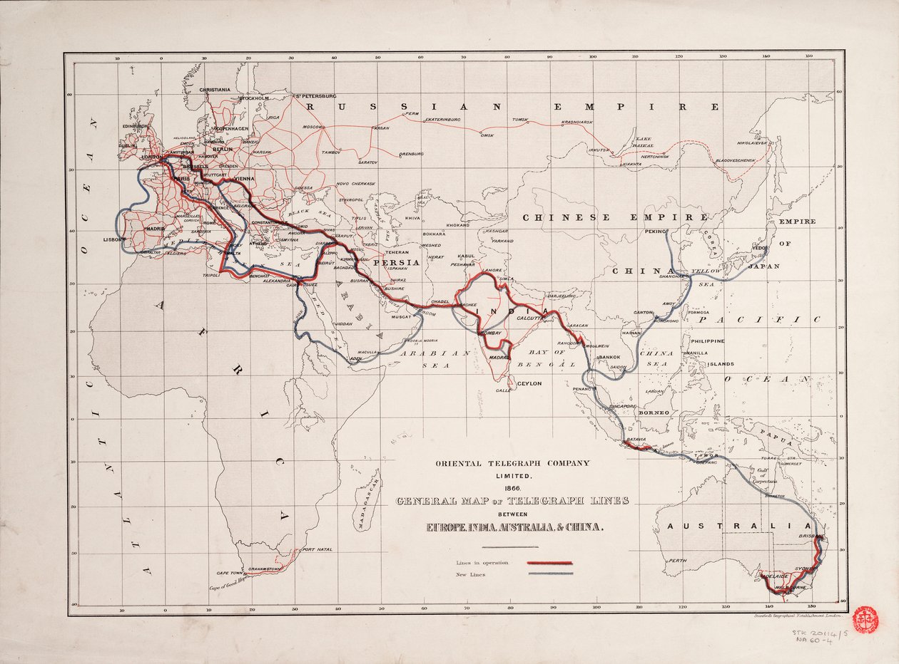 Översiktskarta över telegraflinjer mellan Europa, Indien, Australien och Kina av British School