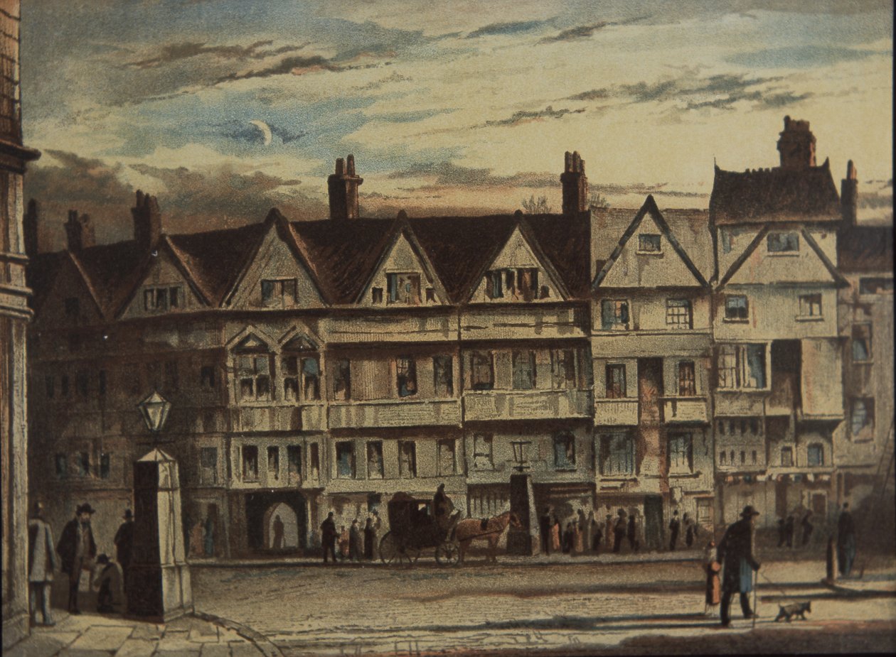 Holborn Bars, köpta och restaurerade av Prudential Assurance Co, ca 1884 (färg litho) av British School