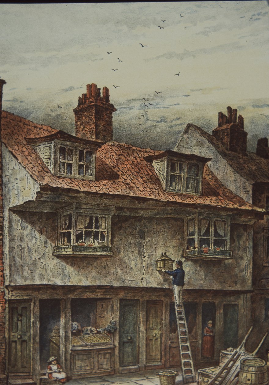 Hus på Saffron Hill, London, mellan Holborn och Clerkenwell, ca 1883 (färg litho) av British School