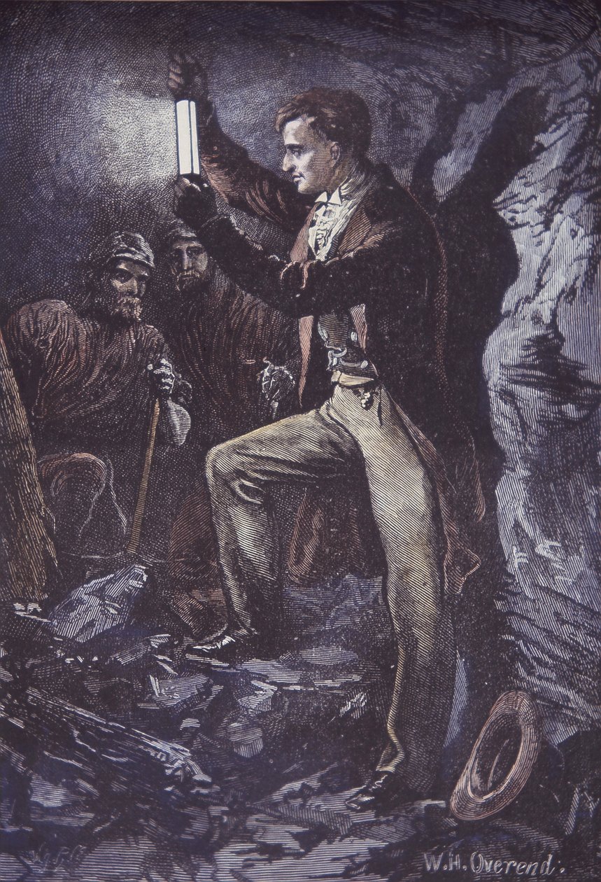 Humphry Davy med Davy säkerhetslampa för gruvarbetare, uppfann 1815 (handfärgad trägravyr) av British School