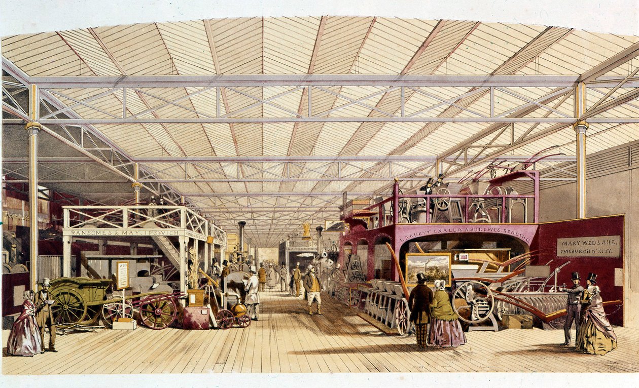 Industriell revolution: invändig vy av paviljongen för jordbruksmaskiner vid Crystal Palace, byggd av Joseph Paxton för 1851 års världsutställning i London (Hyde Park) 1800-talet av British School