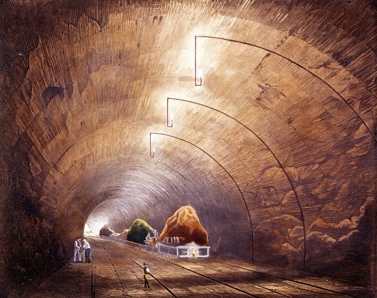 Industriell revolution: järnvägstunnel på linjen Manchester - Liverpool. Plåt tagen från "" Liverpool and Manchester Railway", London 1832. av British School