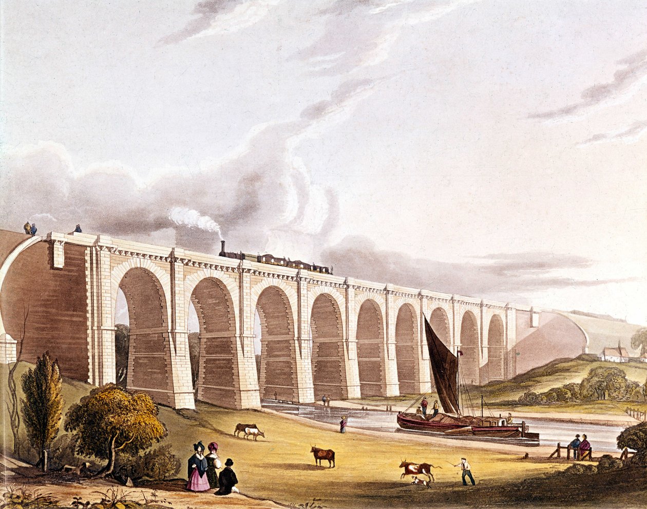 Industriell revolution: utsikt över järnvägsviadukten som korsar Sankey Valley. Plåt tagen från "" Liverpool & Manchester Railway", London 1832. av British School