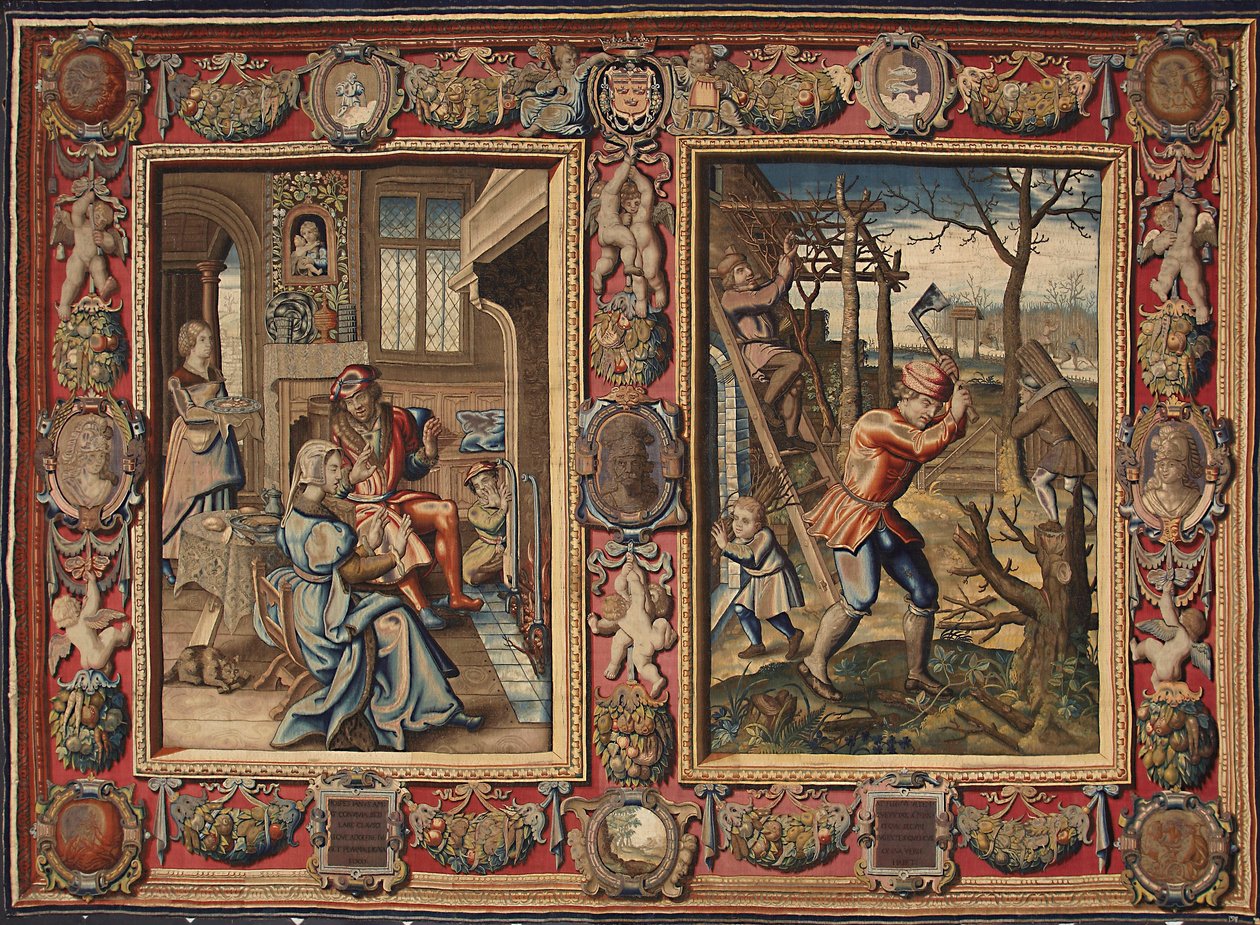 Januari och februari: "Ett par vid elden och en vedhuggare"" Gobeläng av tillverkarna av Mortlake. 1600-talsgener, Musei di Strada Nuova av British School