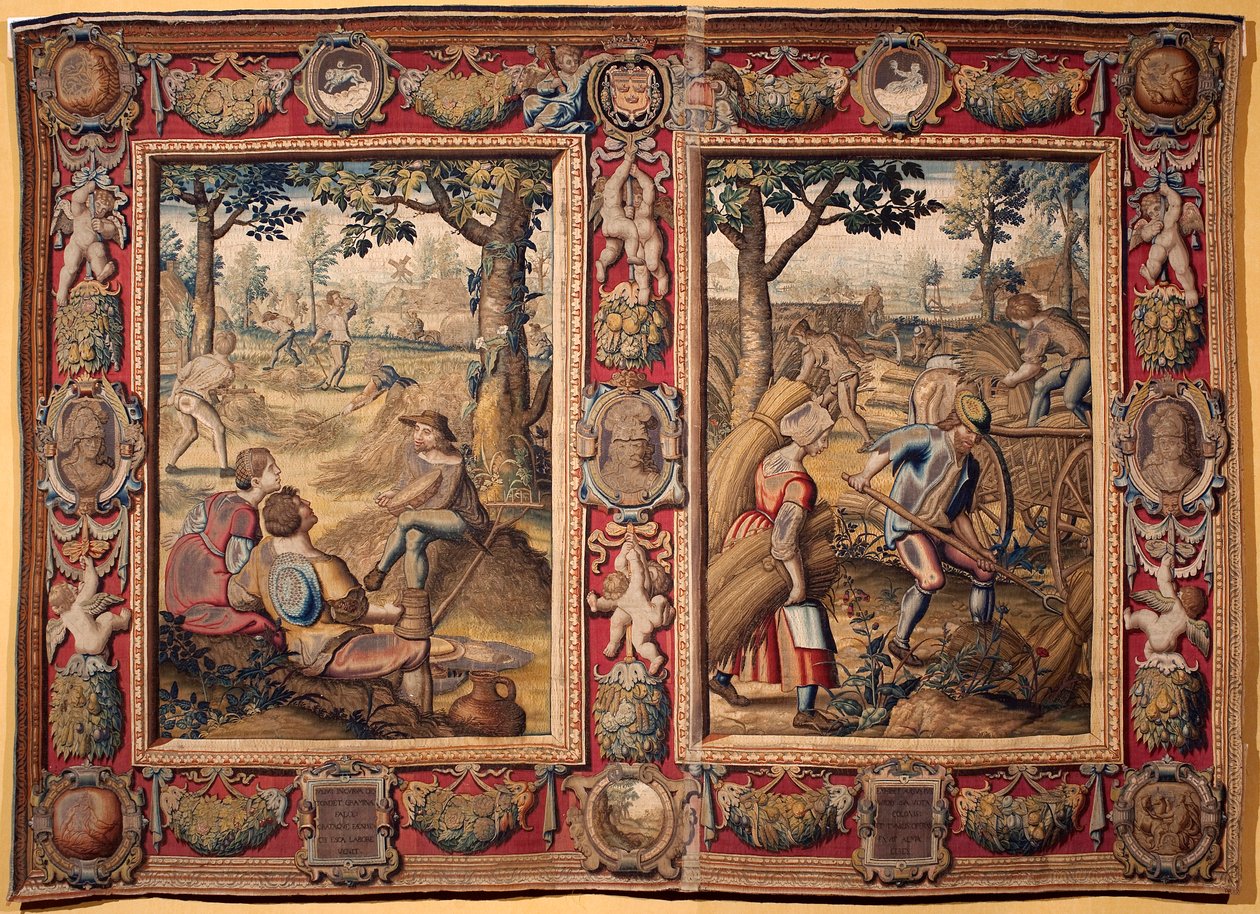 Juli och augusti: "jordbruksarbeten och skördar" Tapestry of the manufactures of Mortlake. 1600-talet Genes, Musei di Strada Nuova av British School