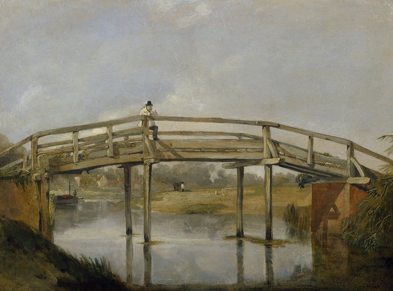 Landskap med en flod och bro, ca. 1830 (olja på duk) av British School