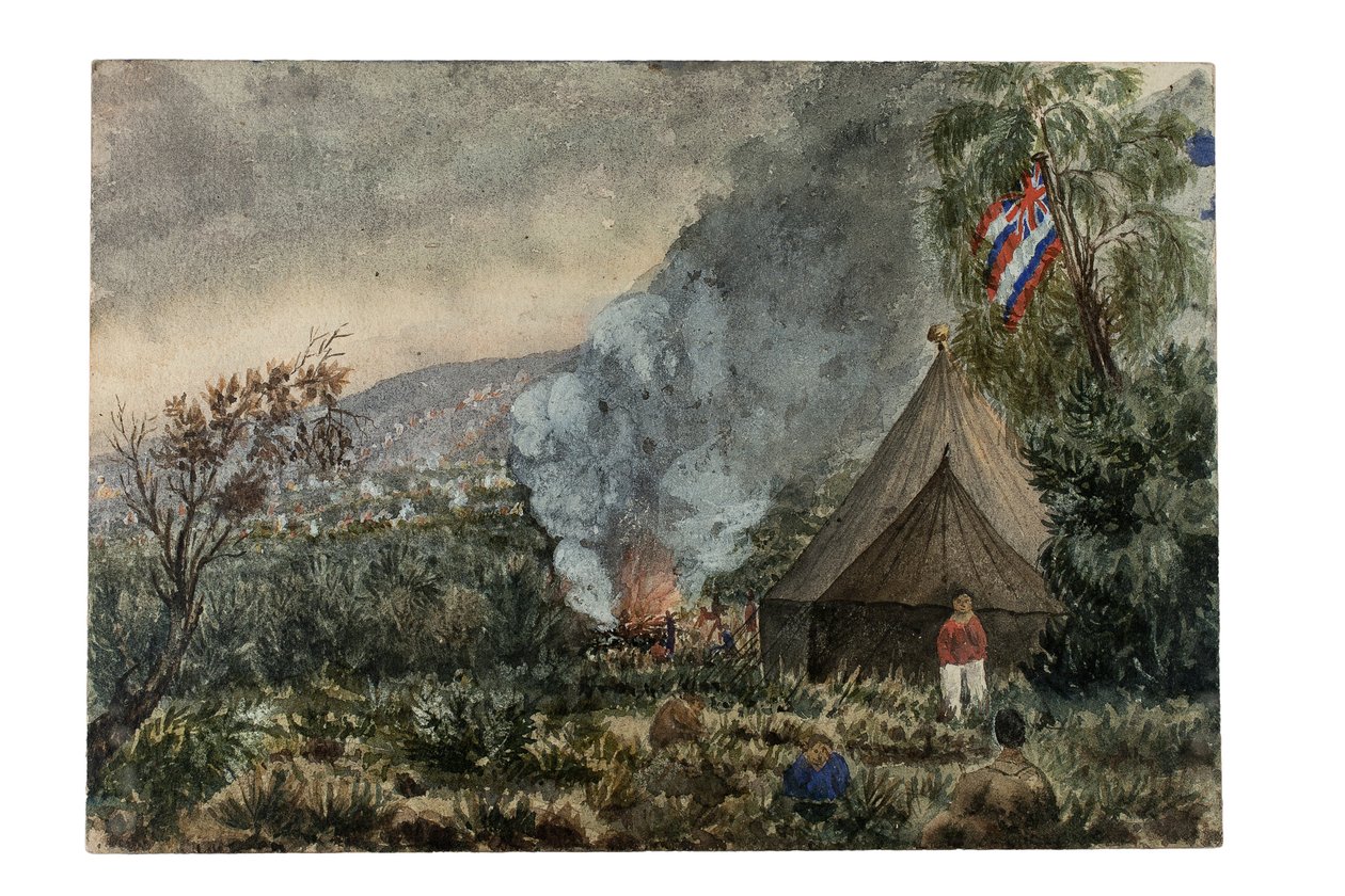 Vulkanen Mauna Kea, Hawaii, mars 1859 (akvarell på papper) av British School