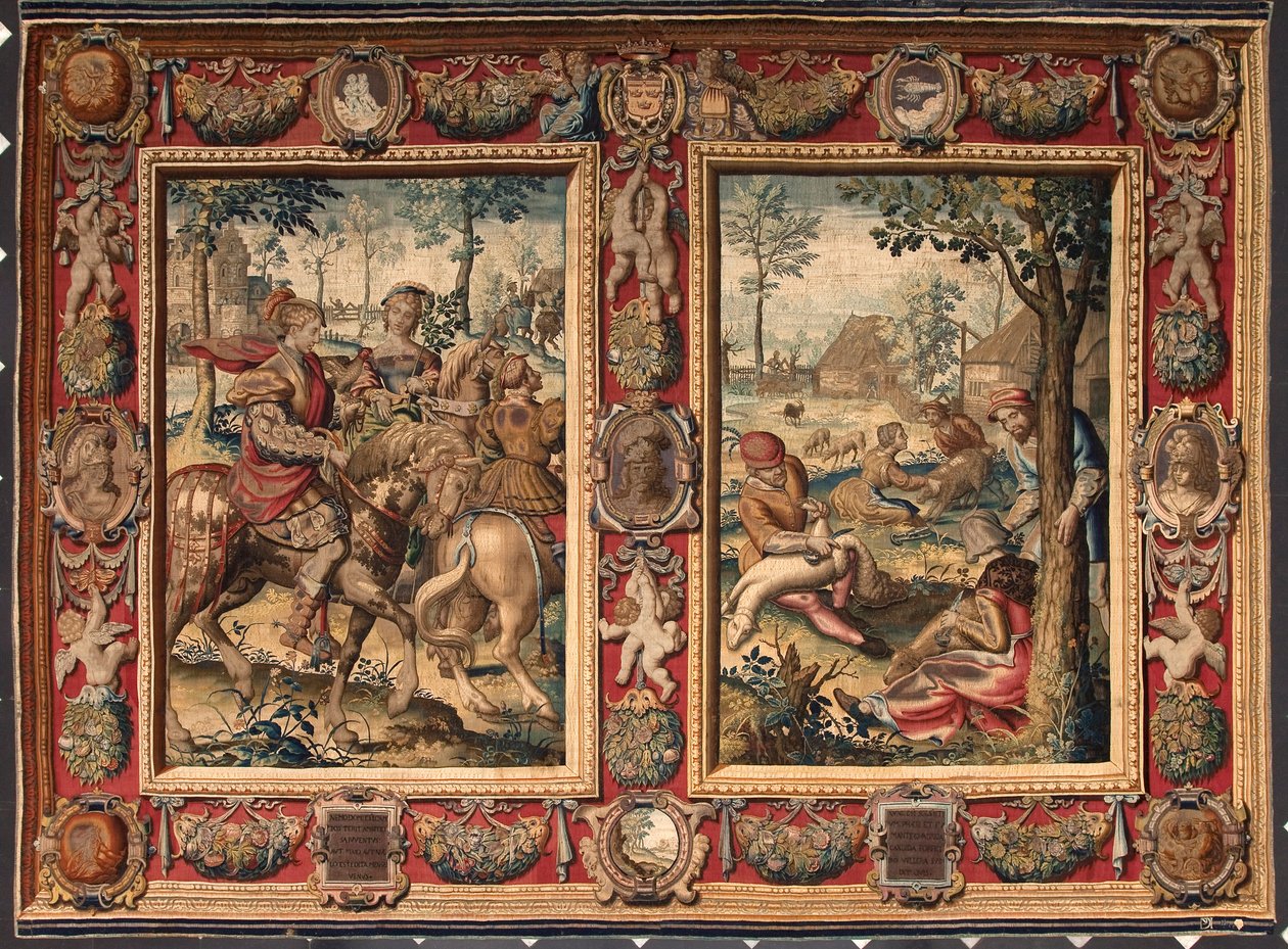 Maj och juni månad: "Jakt och klippning av får" Tapestry of the manufactures of Mortlake. 1600-talet Genes, Musei di Strada Nuova av British School