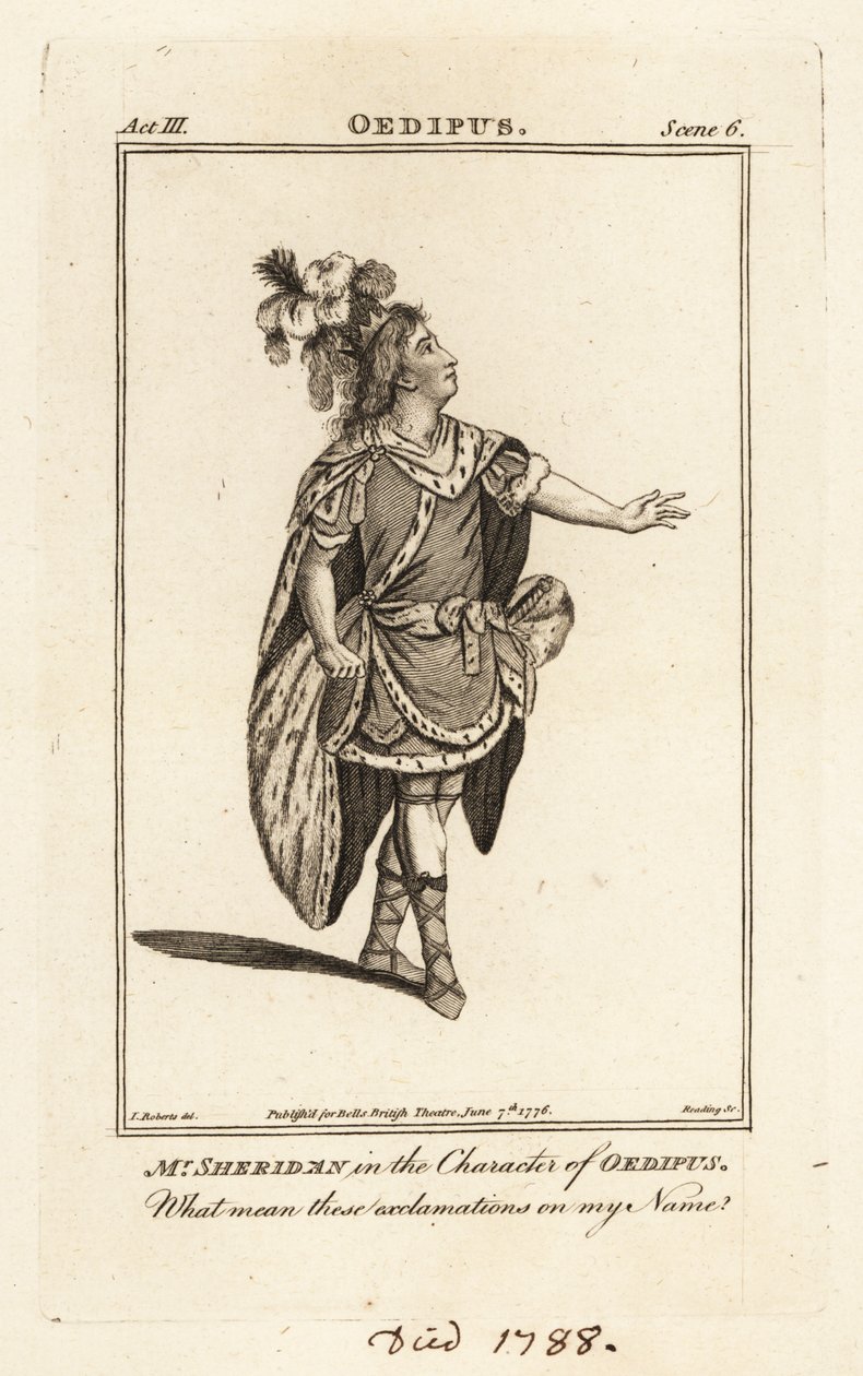Mr Thomas Sheridan i Oedipus karaktär i John Drydens Oedipus, Covent Garden Theatre av British School