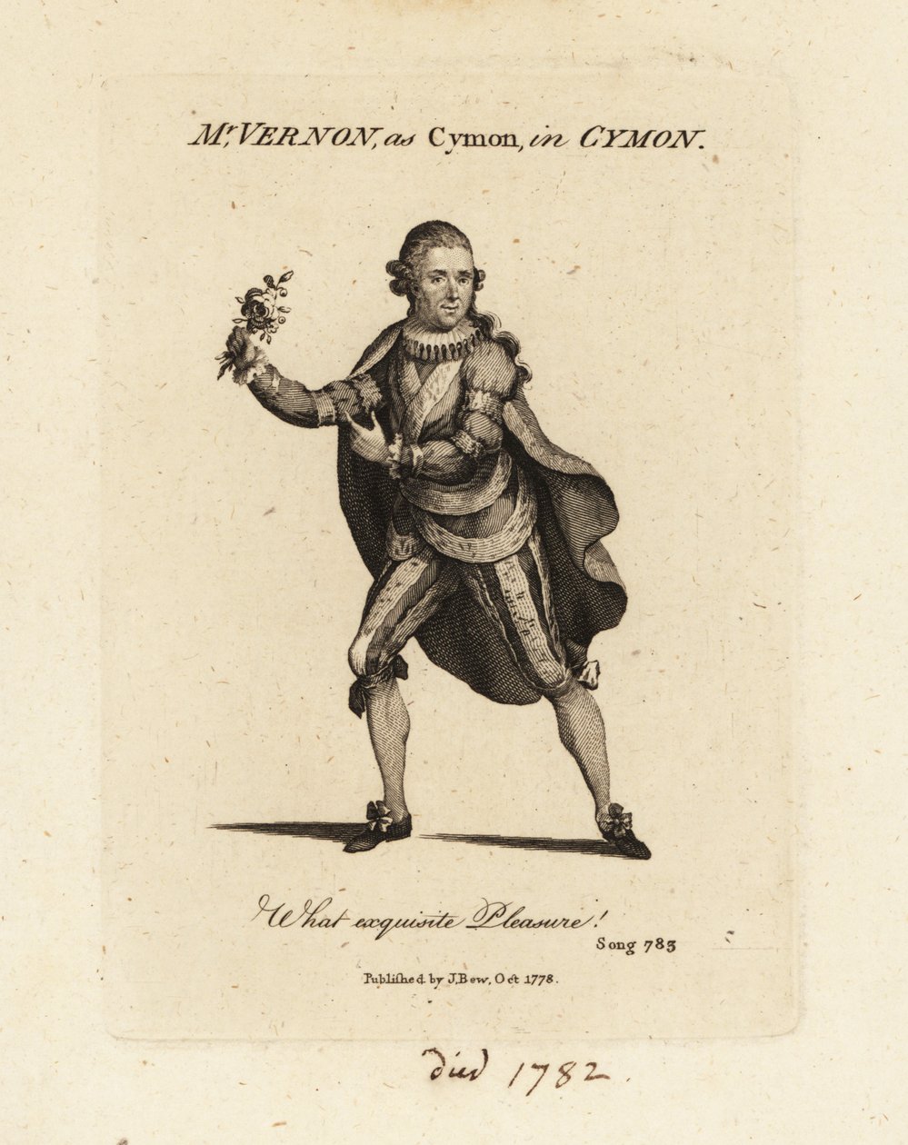 Mrs Joseph Vernon som Cymon som sjunger Thomas Arnes kantat Cymon och Iphigenia av British School