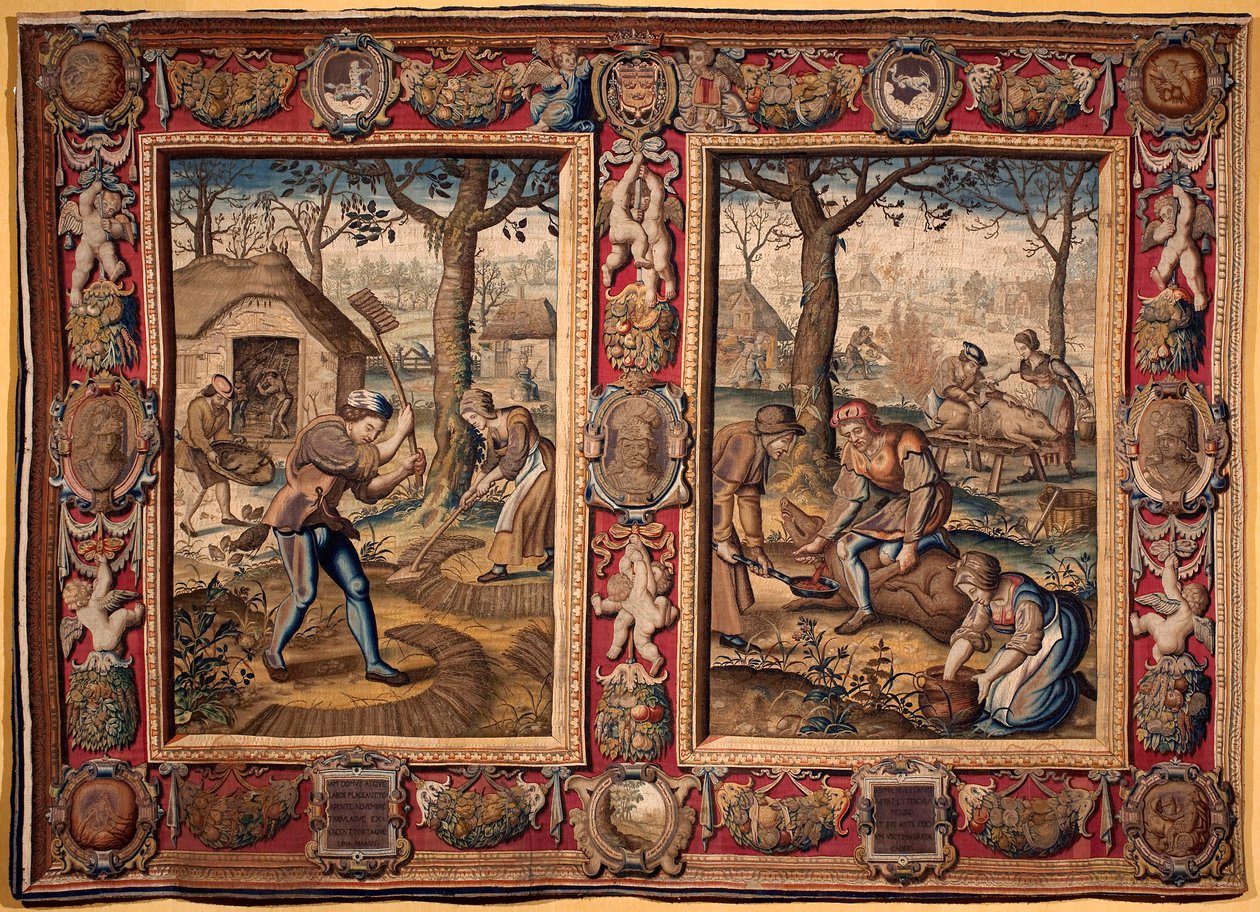 November och december: "" jordbruksarbete och grisslakt"" Tapet av tillverkarna av Mortlake. 1600-talsgener, Musei di Strada Nuova av British School