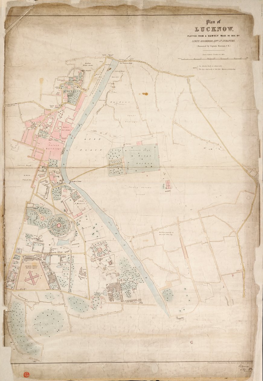 Plan över Lucknow, ritad efter en undersökning gjord 1856 av Lieut. Moorsom, 52nd. Löjtnant i infanteriet. (Presenterad av kapten Moorsom, C.E.), ca 1856 (siden, papper) av British School