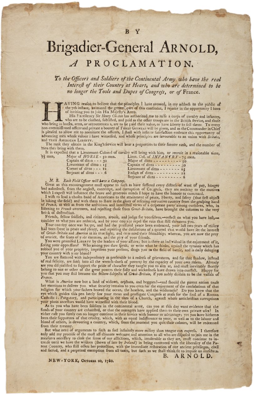 Kungörelse till officerare och soldater från den kontinentala armén, 20 oktober 1780 av British School