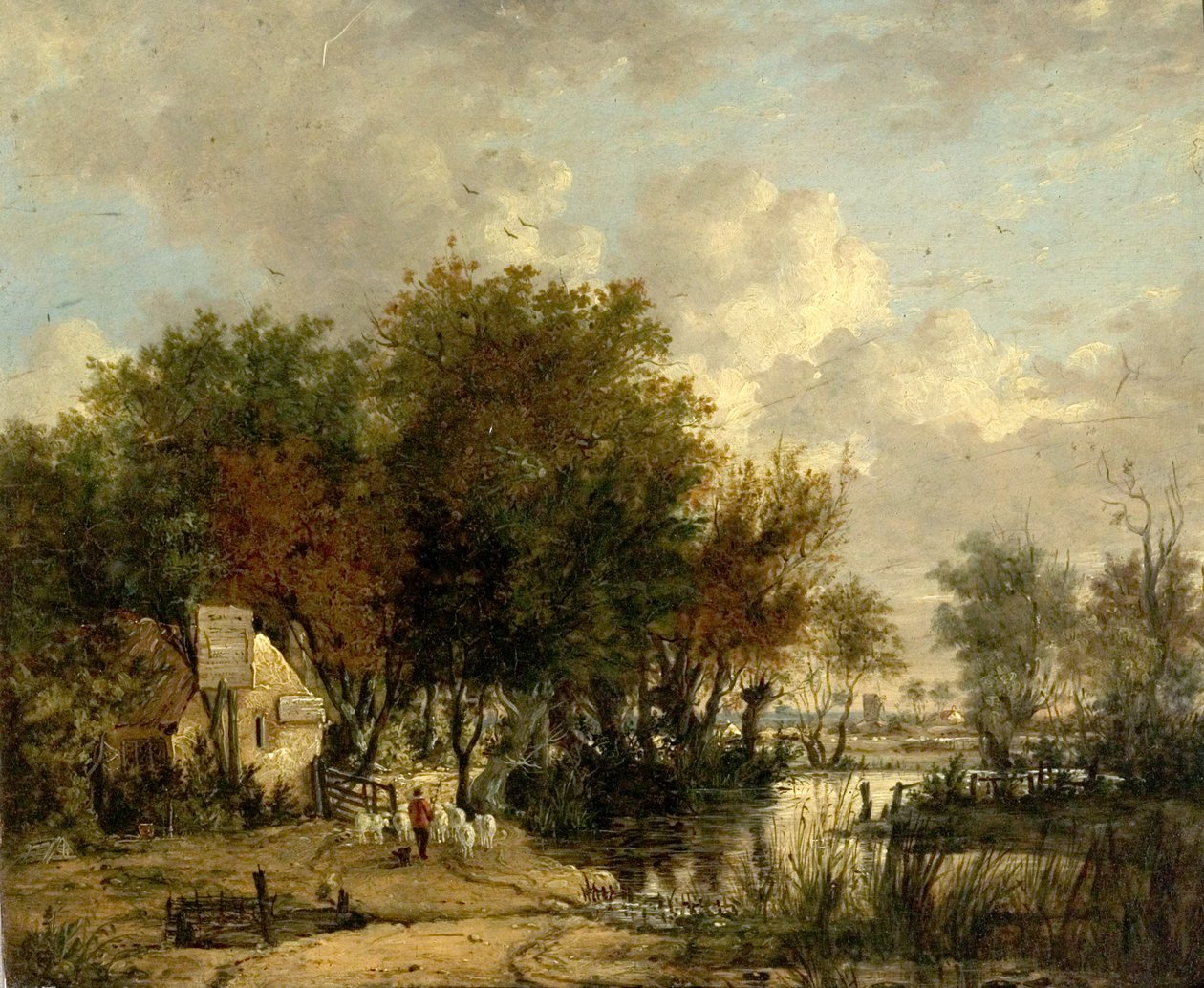 River Scene, pojke som kör får (olja på trä) av British School