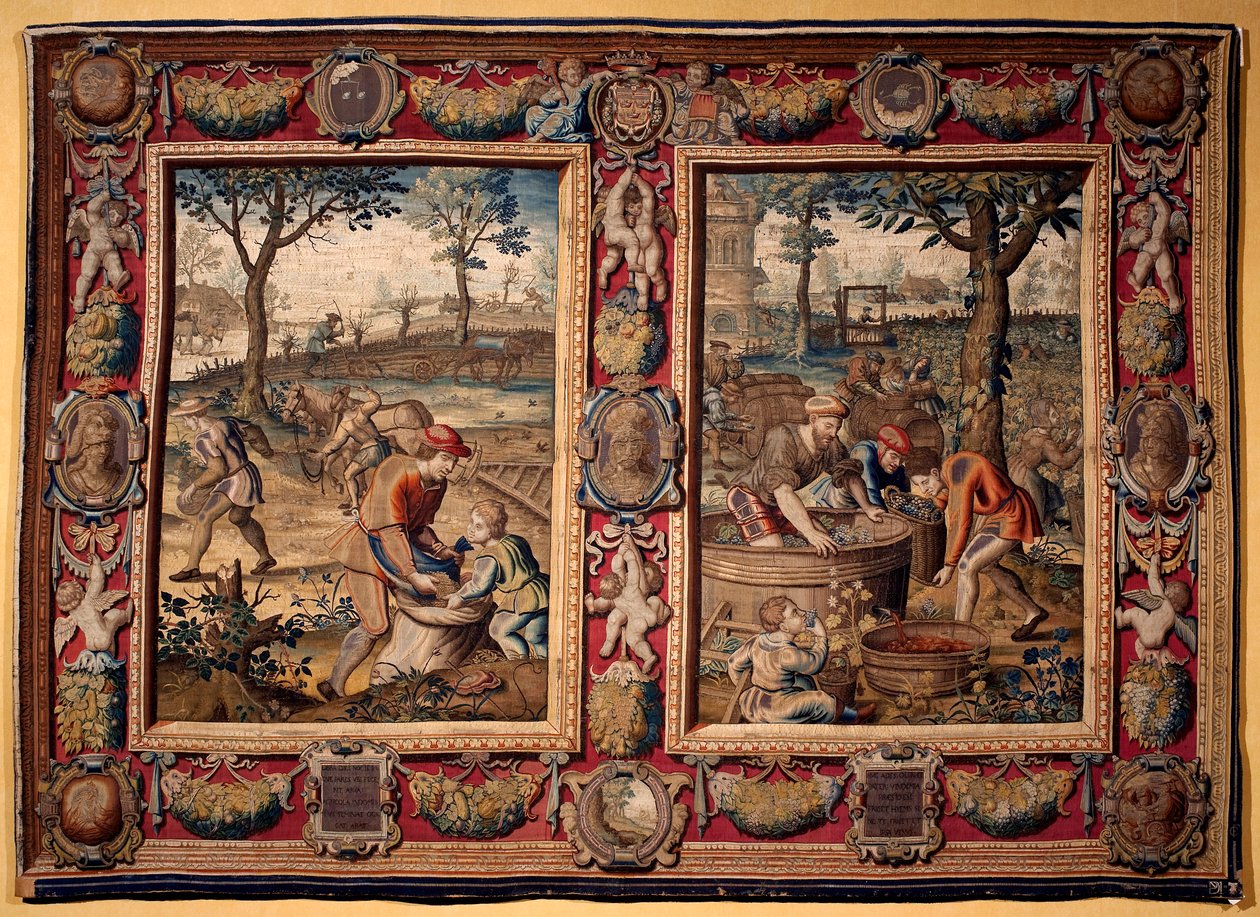 September och oktober: "jordbruksarbete och skörd" Tapisseri av manufakturerna i Mortlake. 1600-talet Genes, Musei di Strada Nuova av British School