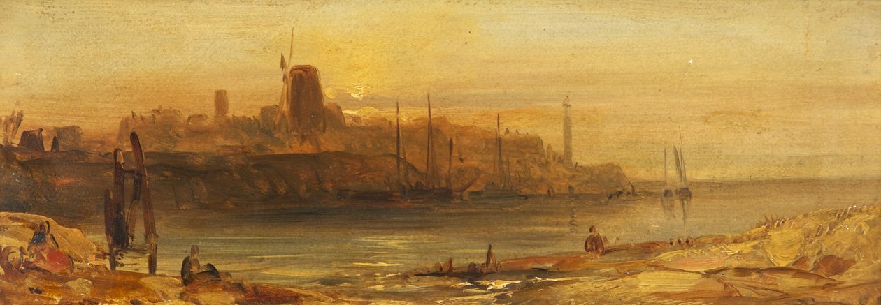 Solnedgång: Seaport and Lighthouse, c.1825 (olja på papper nedlagd på duk) av British School