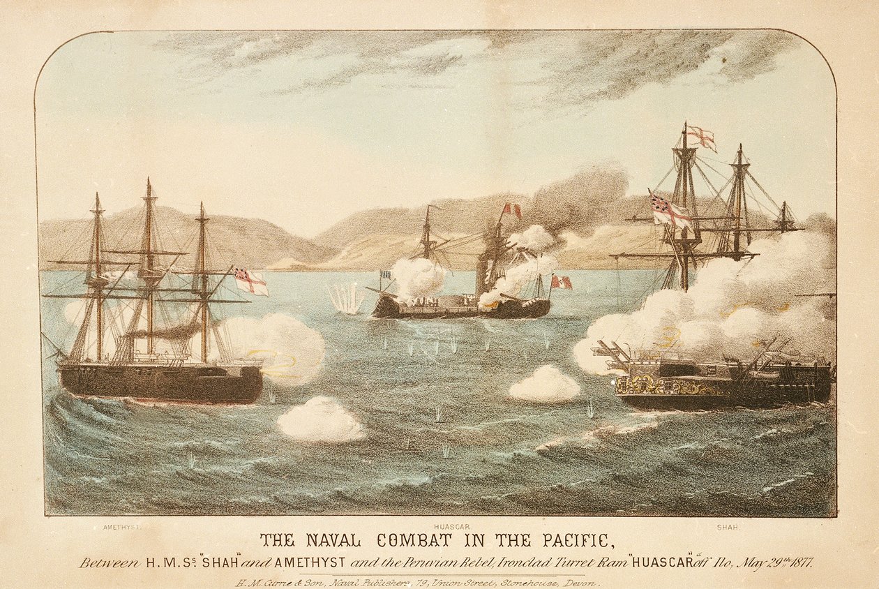 Flottstriderna i Stilla havet mellan HMS "Shah" och "Amethyst" och den peruanska rebellen, Ironclad Turret Ram Huascar utanför Ilo, 29 maj 1877 av British School