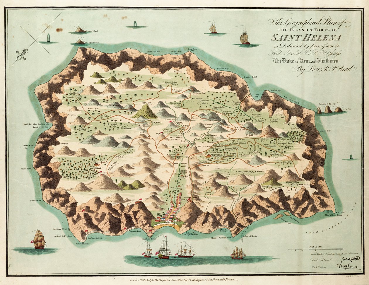 Denna geografiska plan över ön Sankt Helena tillägnas med tillstånd av fältmarskalk Hans kungliga höghet hertigen av Kent och Strathearn av British School