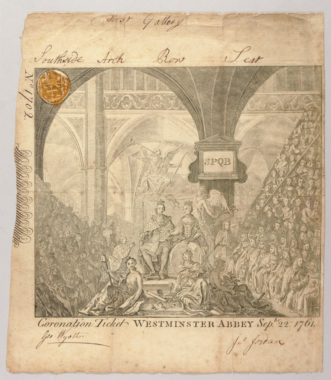 Biljett till George III:s kröningsceremoni i Westminster Abbey, graverad av George Bickham, 22 september 1761 (gravyr) av British School