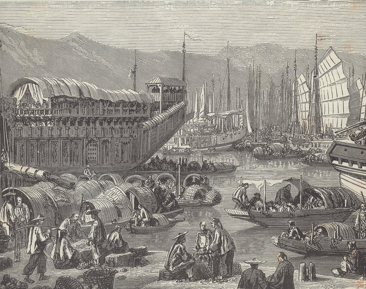 Fartyg i livlig hamn, Shanghai, Kina (gravyr) av British School