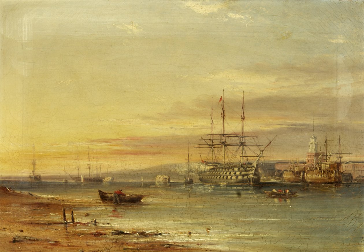 Utsikt över Portsmouth Harbour, som visar H.M.S. 
