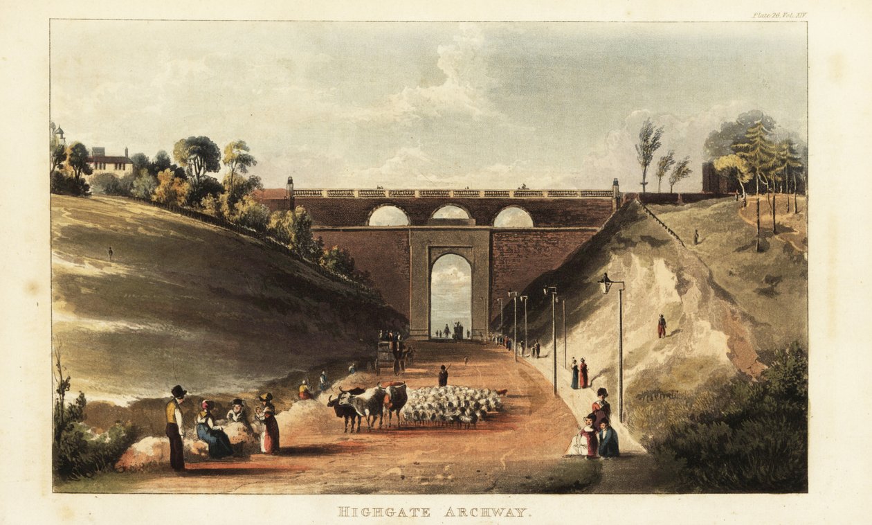 Vy över förare som kör boskap och får till Smithfield Market under valvet vid Highgate Hill av British School