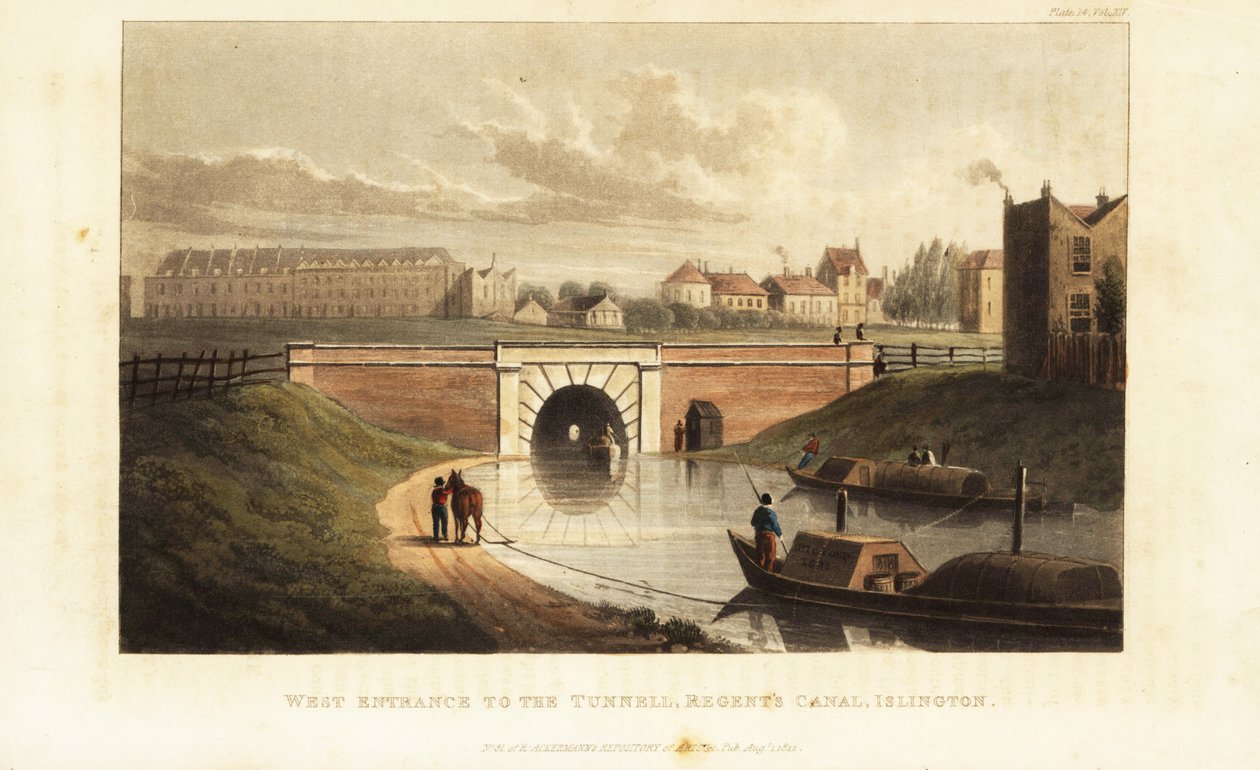 West Portal till Islington Tunnel, med en häst som drar en pråm längs Regent
