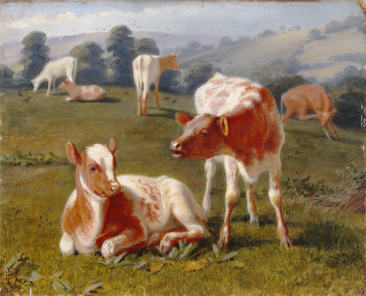 Kalvar på en äng (olja på kvarnbräda) av Briton Riviere