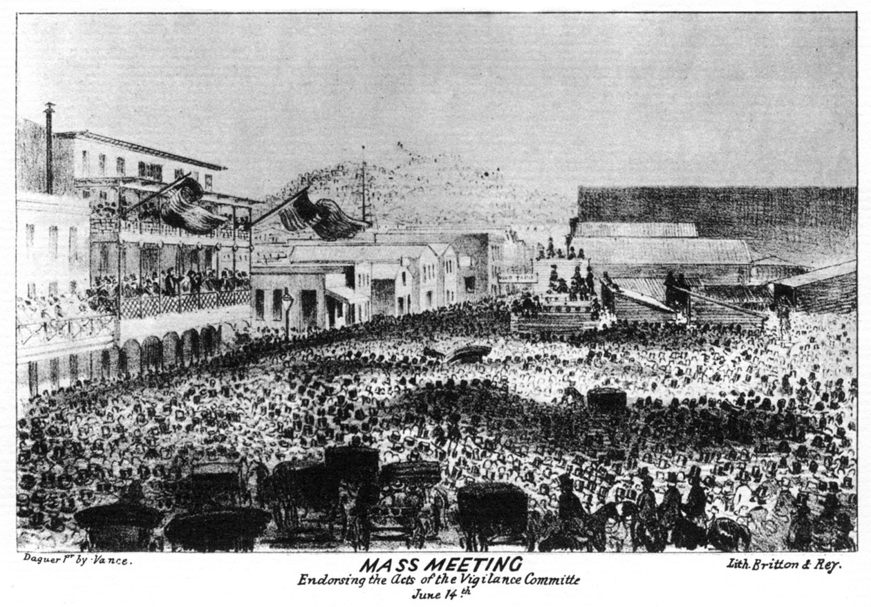 Ett massmöte utanför Fort Vigilant, Sacramento, Kalifornien, 1856 1937. av Britton and Rey
