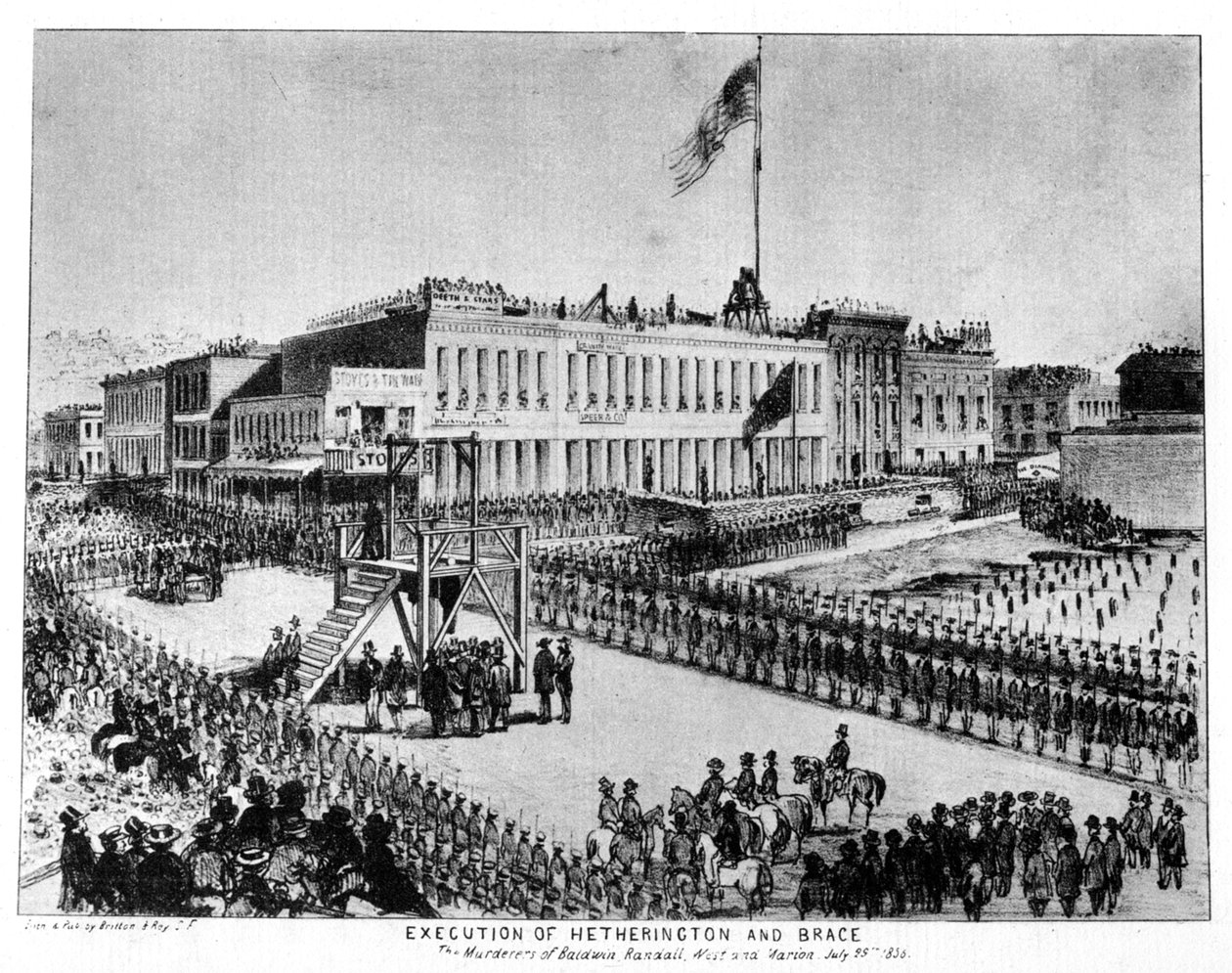 Avrättningen av Hetherington och Brace, Fort Vigilance, Sacramento, Kalifornien, 1856 1937. av Britton and Rey