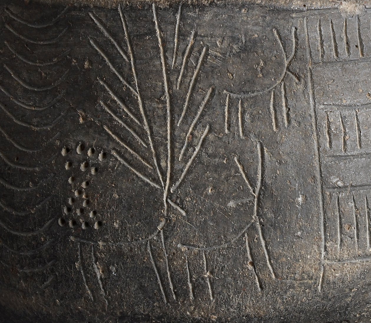 Detalj av en skål, med inskuren dekor som föreställer hjortar, från Los Millares, Spanien, kopparåldern, c.2000 f.Kr. keramikdetalj från 121153 av Bronze Age