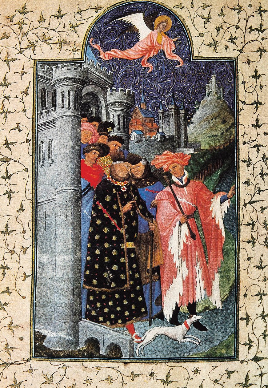 Hertig Jean de Berry (1340-1416) och hans fastighetsförvaltare. Miniatyr av Jean Limbourg (1370-1416) för ""The Tres Riches Heures du Duc de Berry"" Circa 1440 Paris. B.N. av Brothers Limbourg