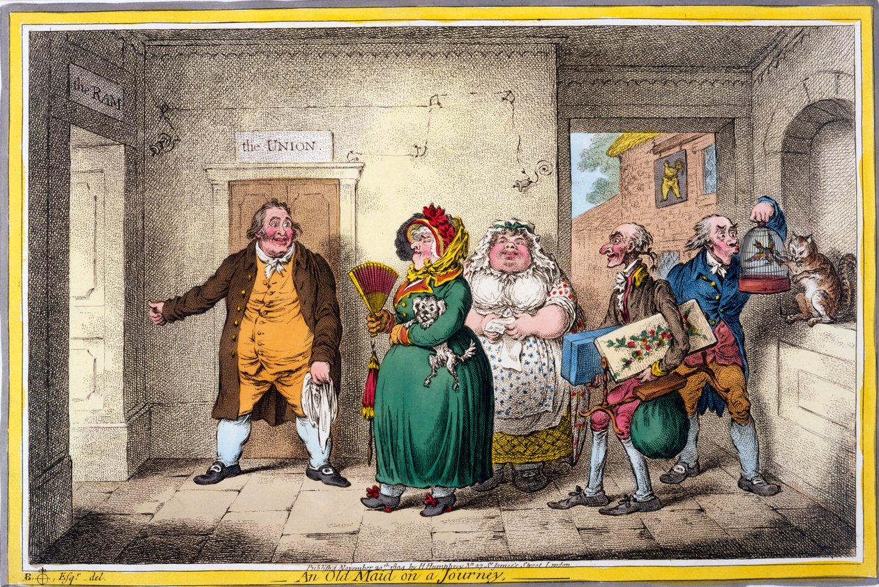 An Old Maid on a Journey, tryck gjord av James Gillray, 1804 (handfärgad gravyr) av Brownlow North
