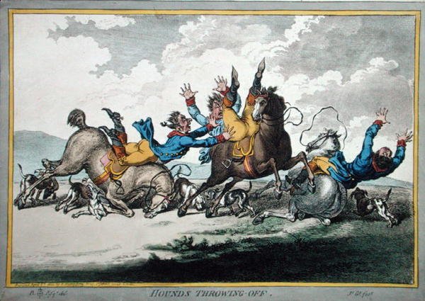 Hounds Throwing Off, etsad av James Gillray (1756-1815) publicerad av Hannah Humphrey 1800 (handfärgad etsning) (se även 191238) av Brownlow (after) North