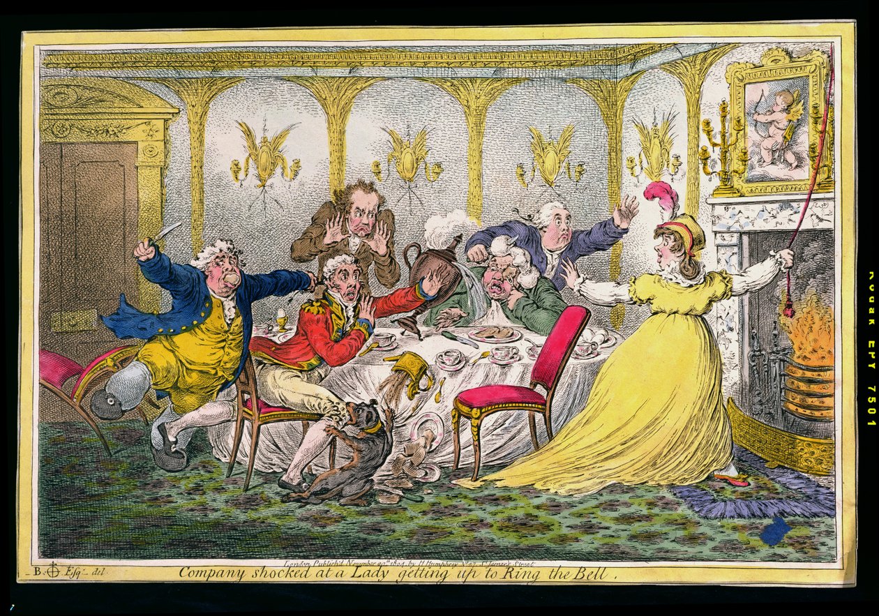 Företag chockade över en dam som reser sig till Ring the Bell, etsat av James Gillray (1756-1815) publicerad av Hannah Humphrey 1804 (handfärgad etsning) av Brownlow North