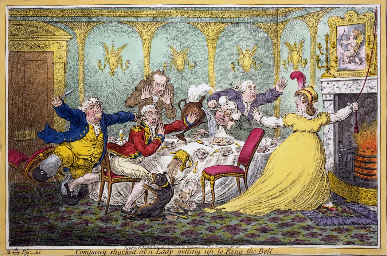 Företag chockade över en dam som gick upp till Ring the Bell, pub. H. Humphrey, London, 1804 (handfärgad gravyr) av Brownlow North