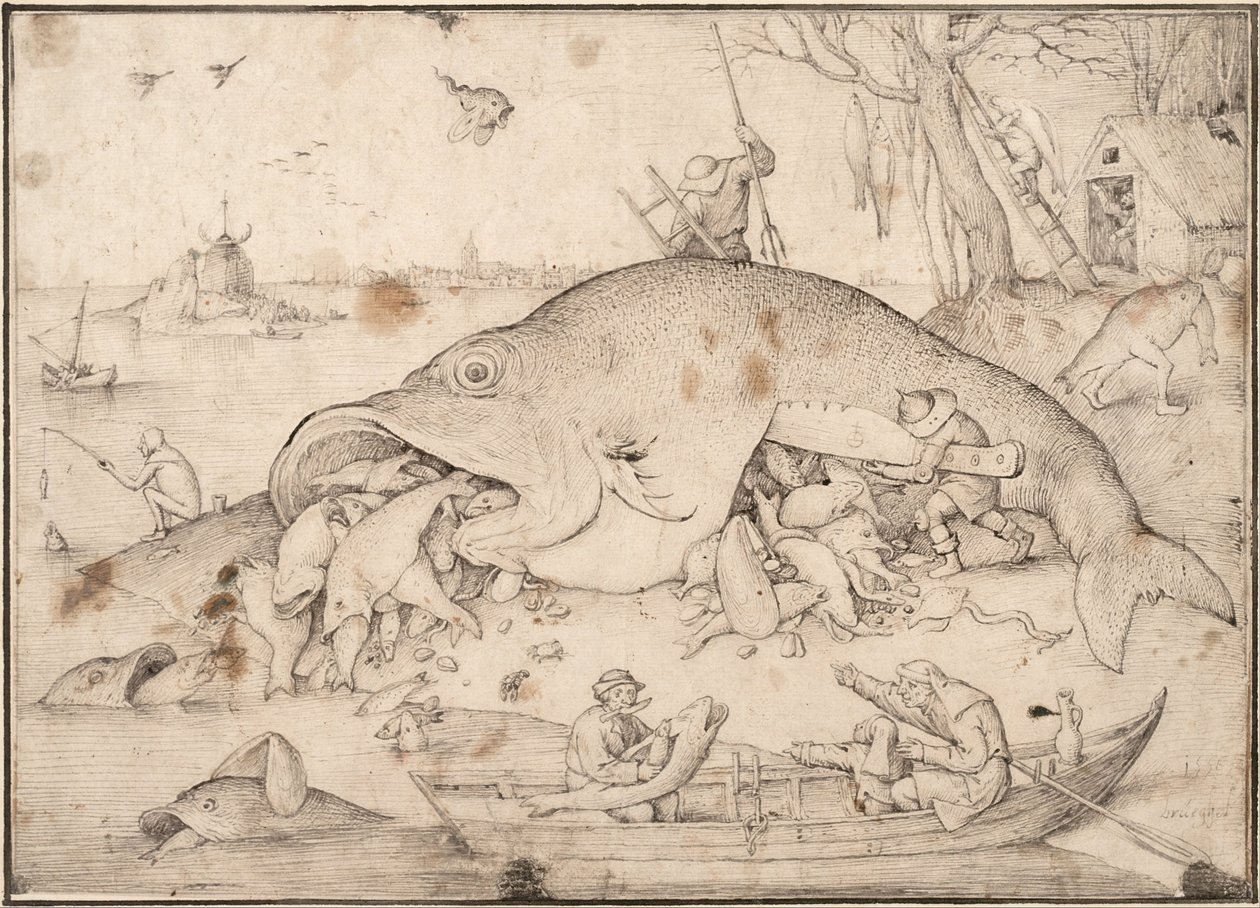 Stora fiskar äter små fiskar, 1556 av Bruegel