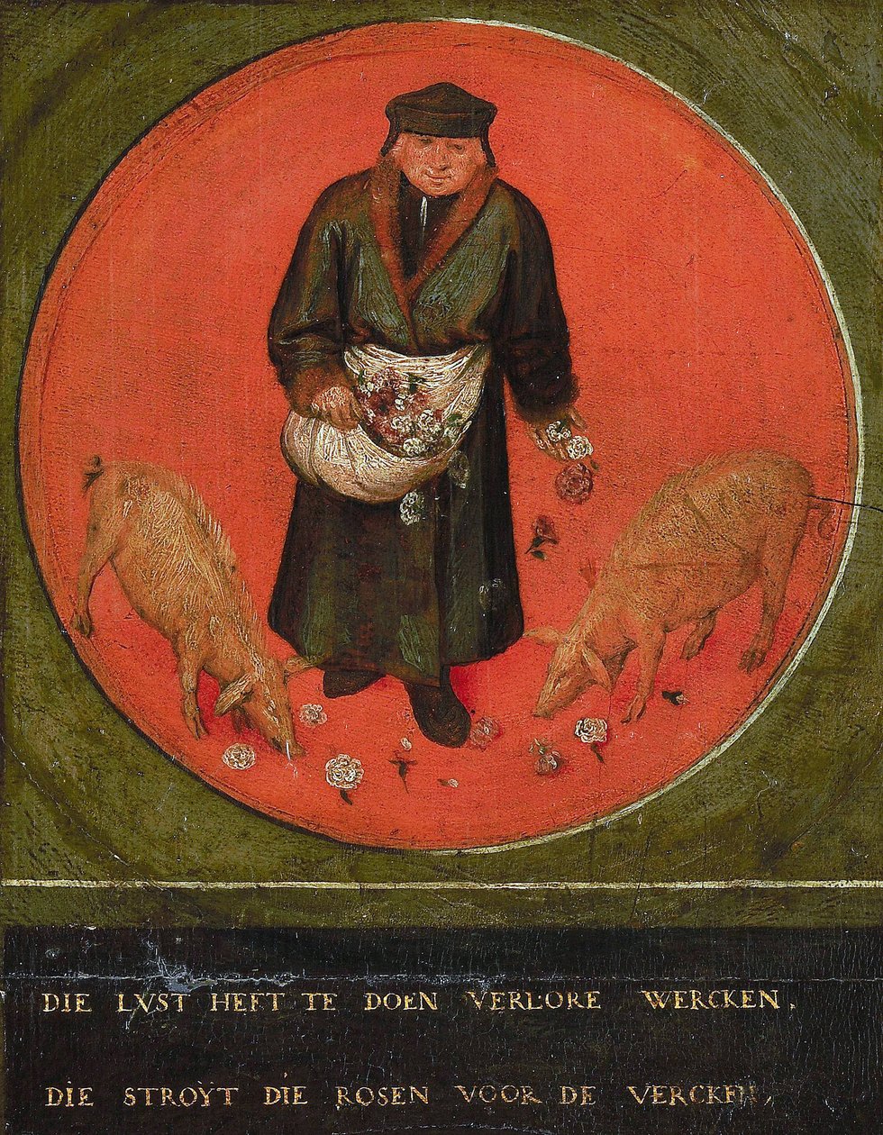 Den som vill slösa bort sina ansträngningar kastar rosor framför svin, 1558. av Bruegel
