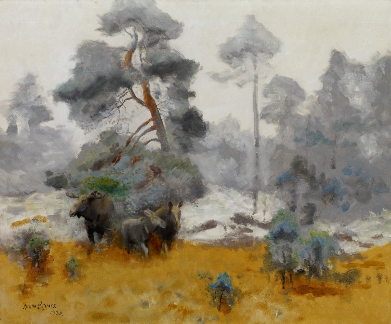 Älgfamiljen går in i en glänta, 1930 av Bruno Andreas Liljefors