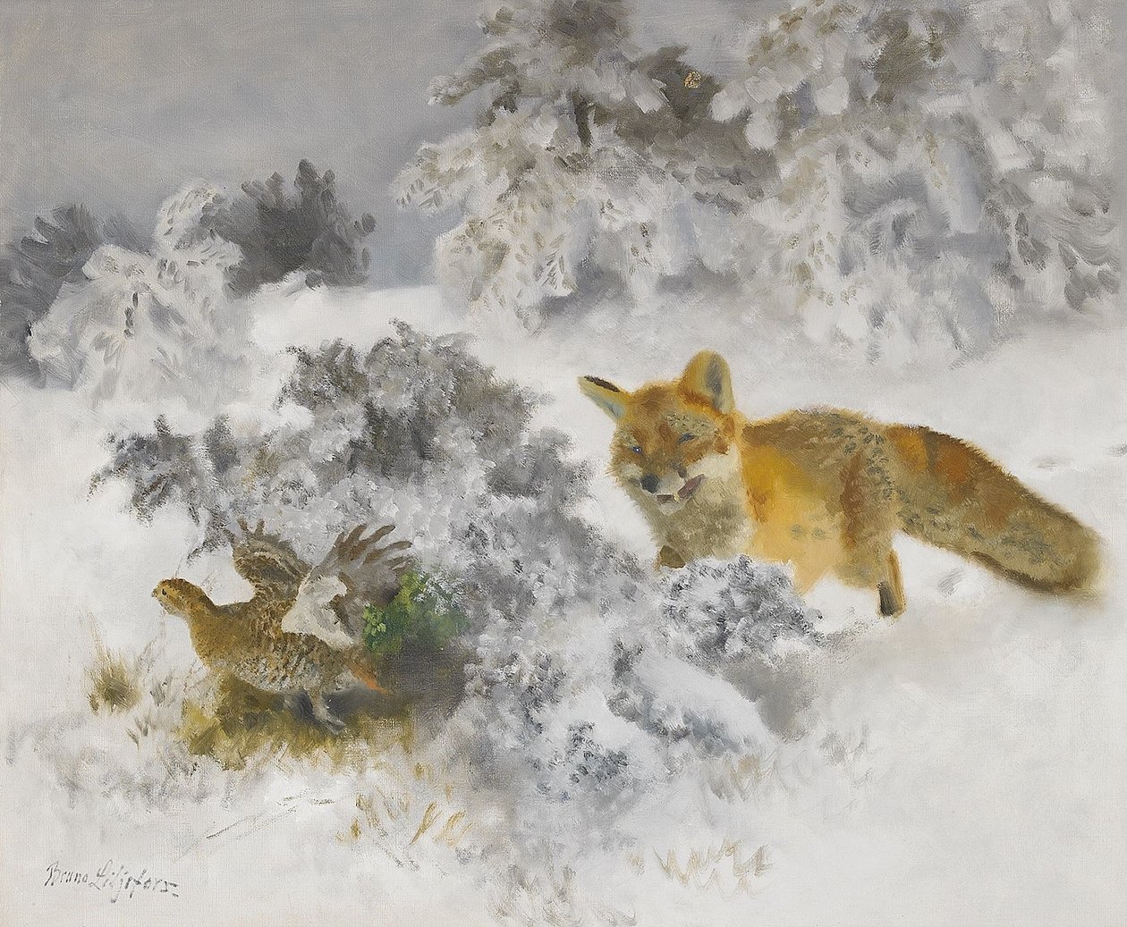  Fox and Black Grouse hen in winter landscapenSvenska: Rav och orrhona i vinterlandskapn av Bruno Andreas Liljefors