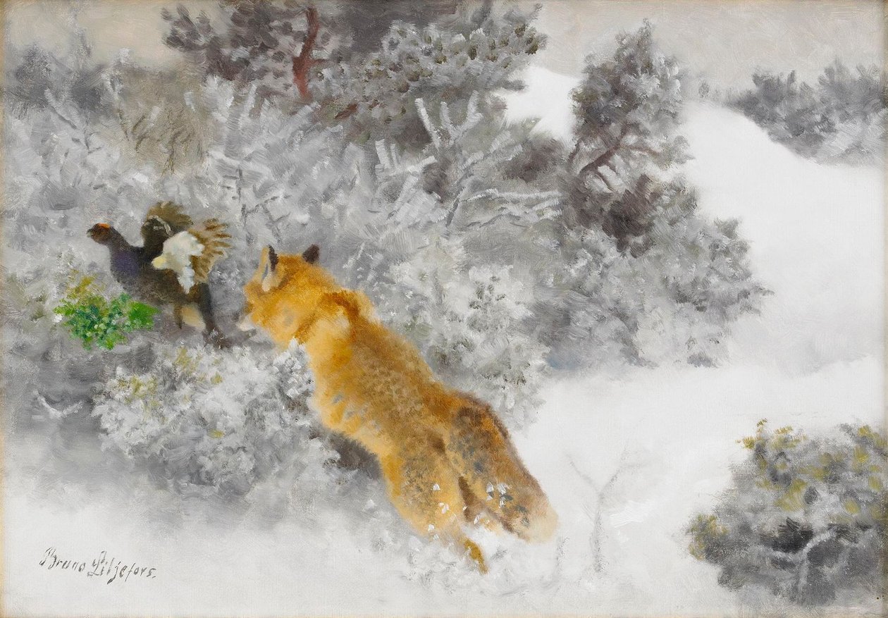  Fox and Black GrousenSvenska: Rav och orren av Bruno Andreas Liljefors