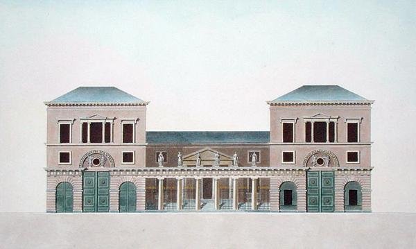 Mattfabrik i Tournai, från "Val av de mest framstående monumenten, byggnaderna och husen i kungariket Nederländerna" av Pierre Jacques Goetghebuer, graverad av författaren, publicerad 1827 (akvatint) av Bruno (after) Renard