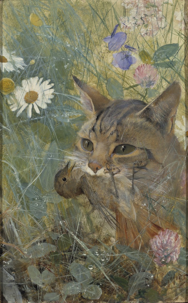 En katt med en ung fågel i munnen, 1885 av Bruno Andreas Liljefors