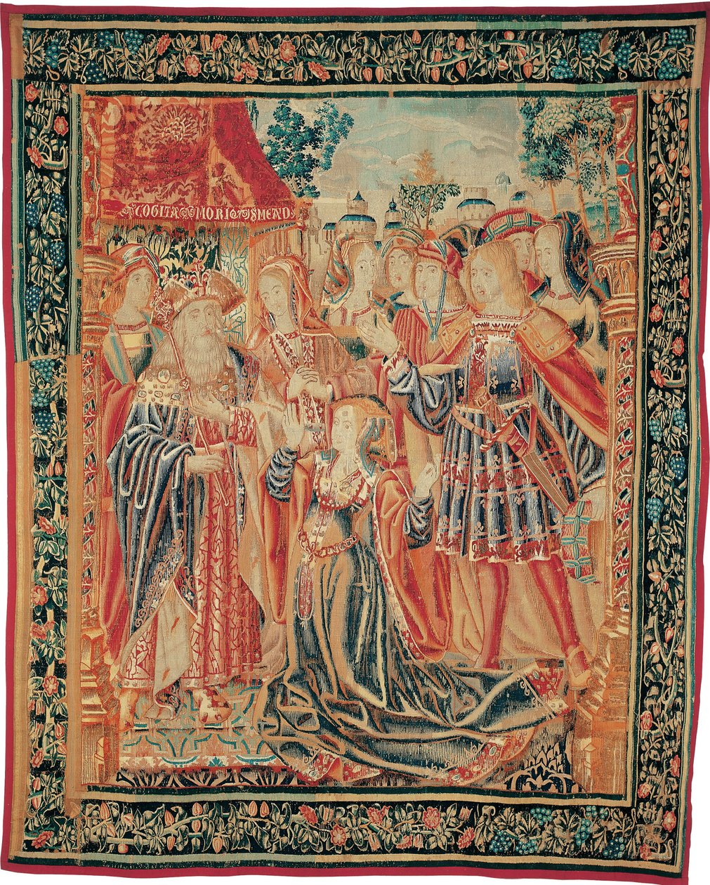 Historien om Troja. Cassandra går i förbön inför Priamos för att få en benådning för Paris, ca. 1520 av Brussels Manufactory