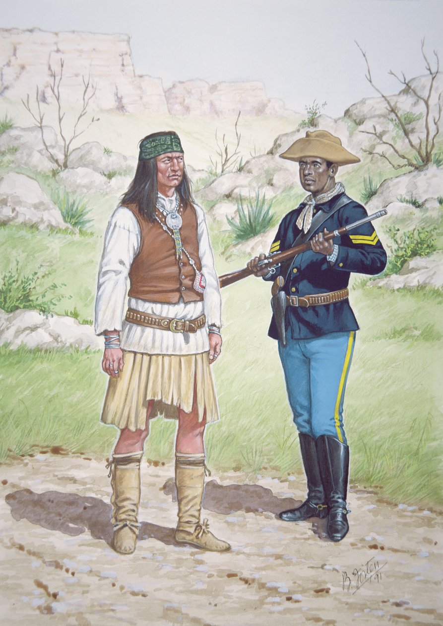 En apachekrigare från Chiricahua och en korpral från 10:e regementet i USA:s kavalleri 1886, ur en serie om sex tavlor av Bryan Fosten