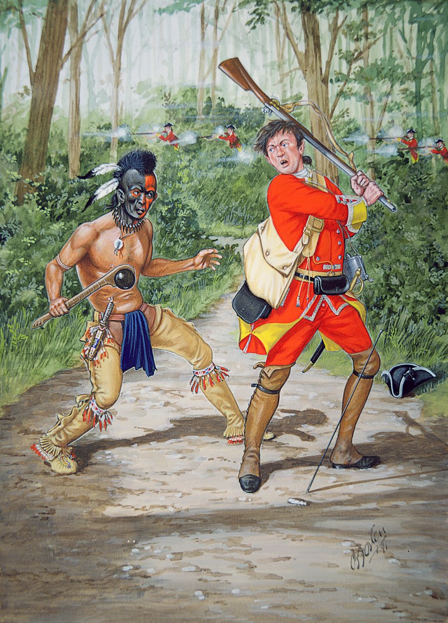 En huronkrigare mot en soldat från 44:e fotregementet 1755, ur en serie om sex tablåer av Bryan Fosten