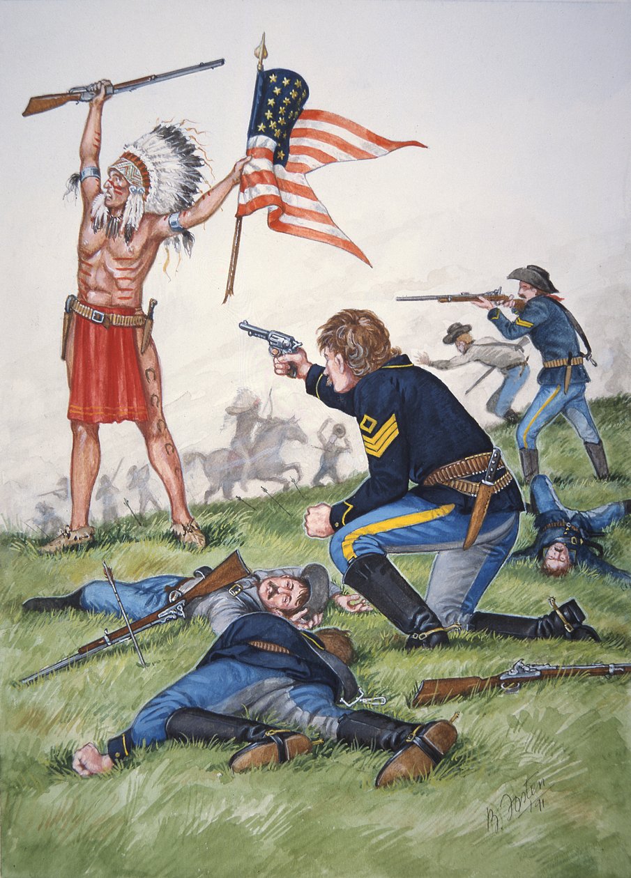 En siouxkrigare mot 7:e regementet av USA:s kavalleri i slaget vid Little Bighorn, 25 juni 1876, ur en serie om sex tavlor av Bryan Fosten